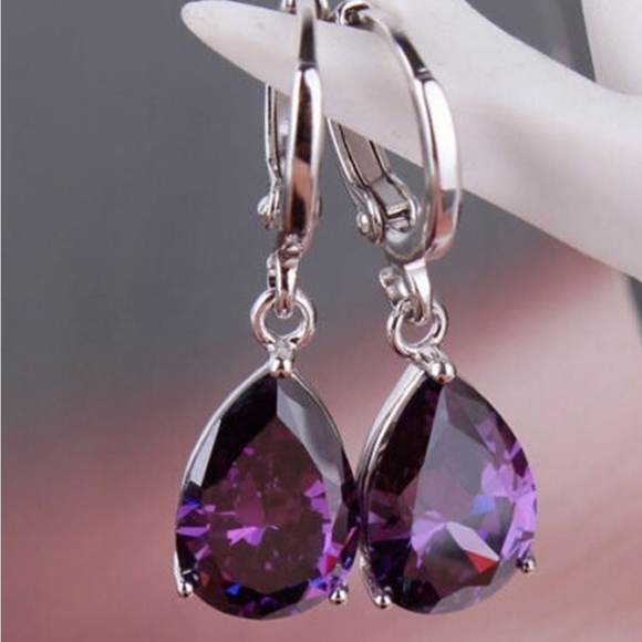 Tear Drop Purple Dangle Earrings - Picture 3 of 3